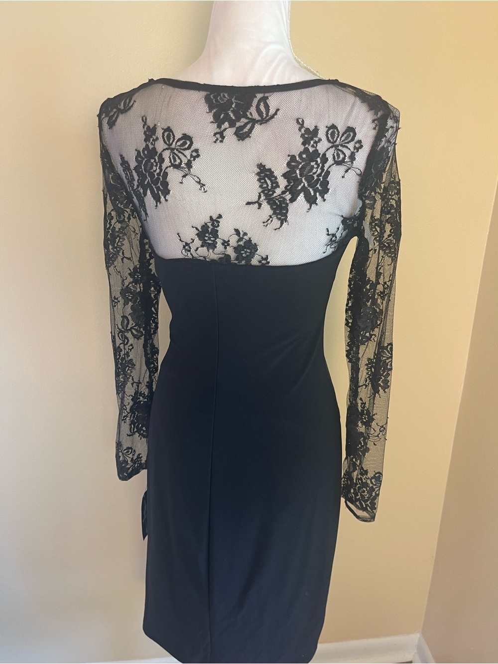 Black Sheer Floral Lace Faux Wrap Dress 8 Ruched Stretchy Cocktail Party Formal - Picture 9 of 16